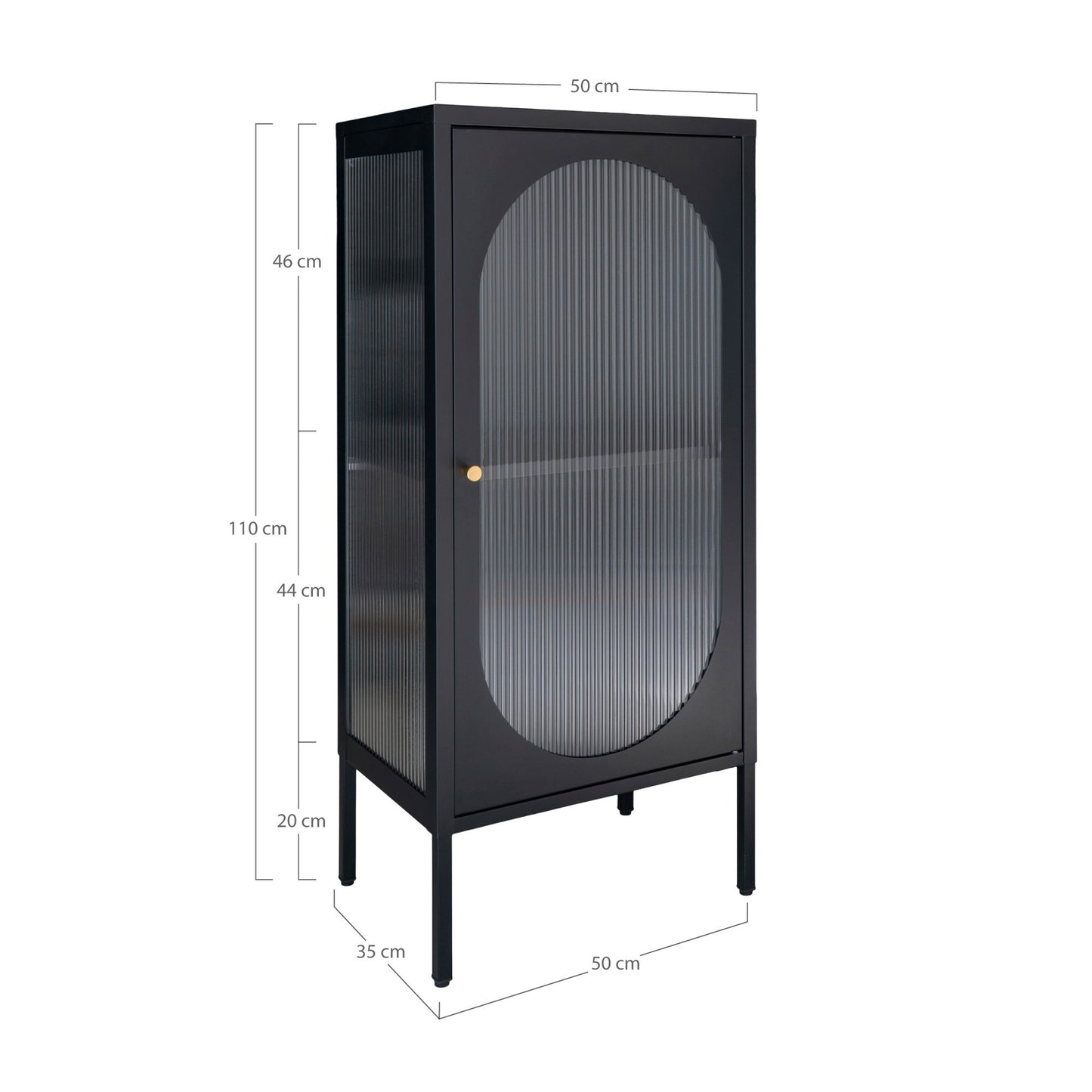 Vitrine Adelaide em Aço Preto com Porta de Vidro Canelado — 50 × 35 × 110 cm
