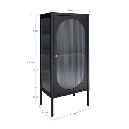 Vitrine Adelaide em Aço Preto com Porta de Vidro Canelado — 50 × 35 × 110 cm