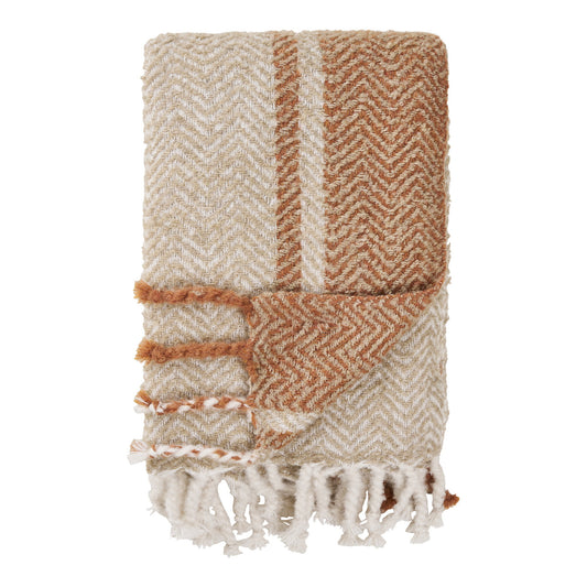 Almora Herringbone Throw with Fringes, Beige and Golden Orange — 130 × 180 cm