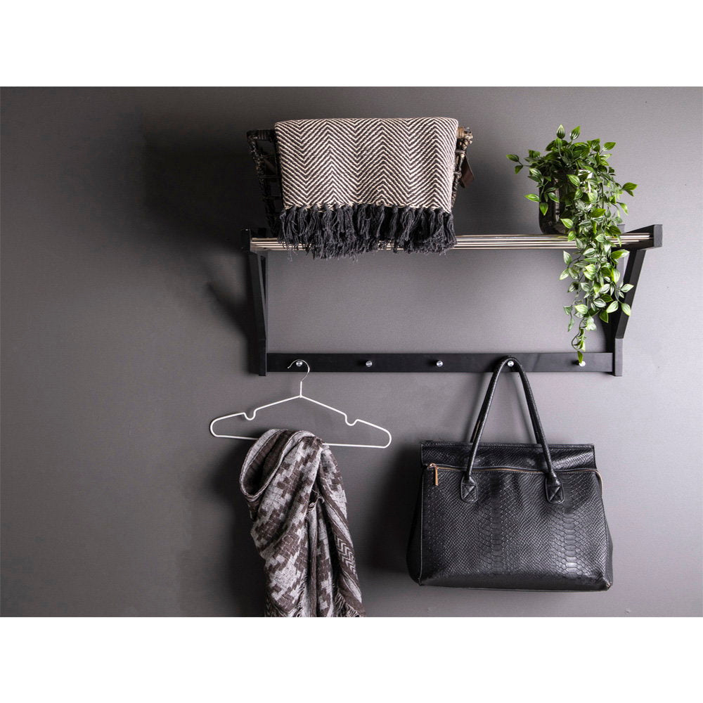 Prateleira de Entrada Padova em Madeira e Aço Preto, com Cabides — 78 × 32 cm