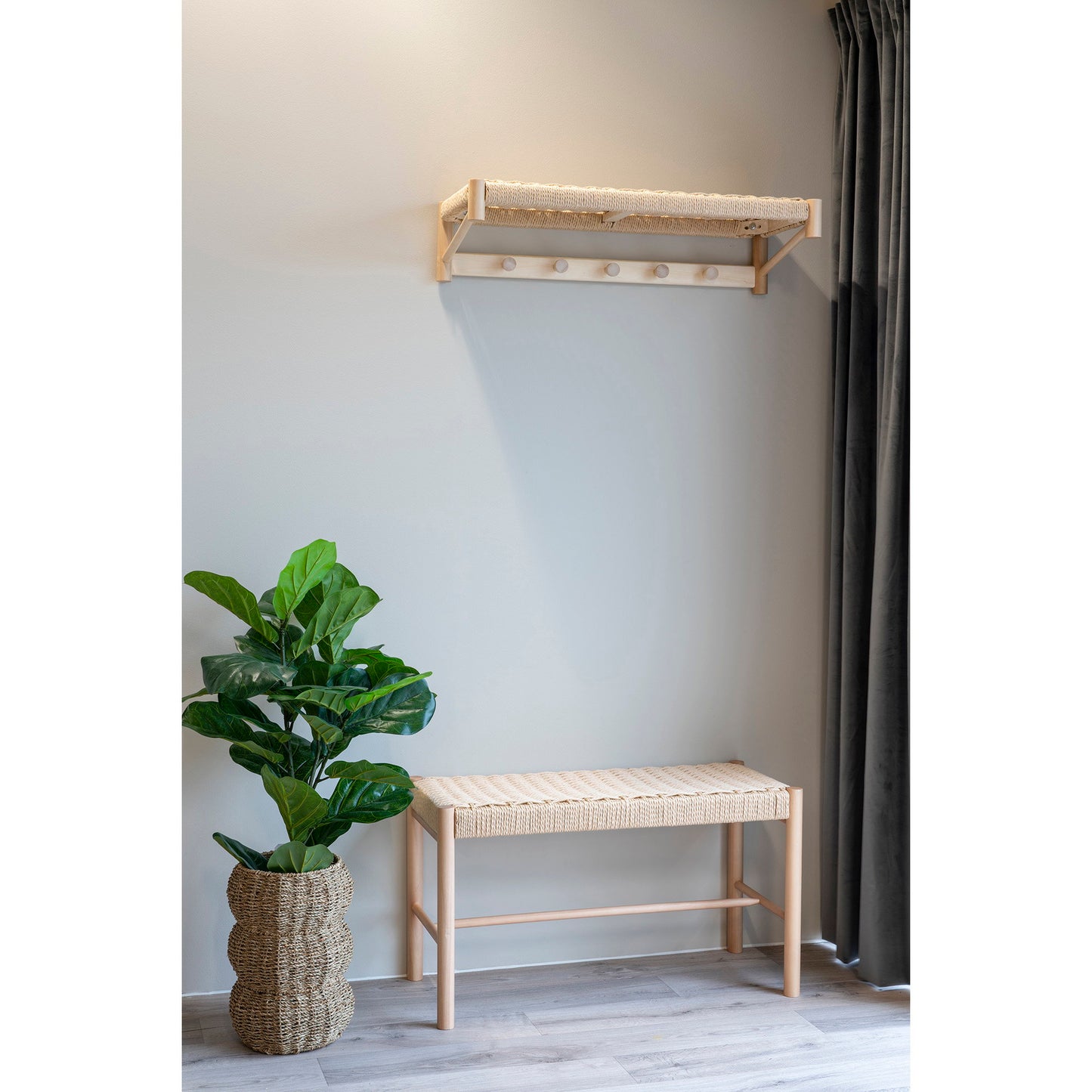 Abano Hallway Shelf in Poplar and Paper Cord, with 5 Hooks — 78 × 31 cm