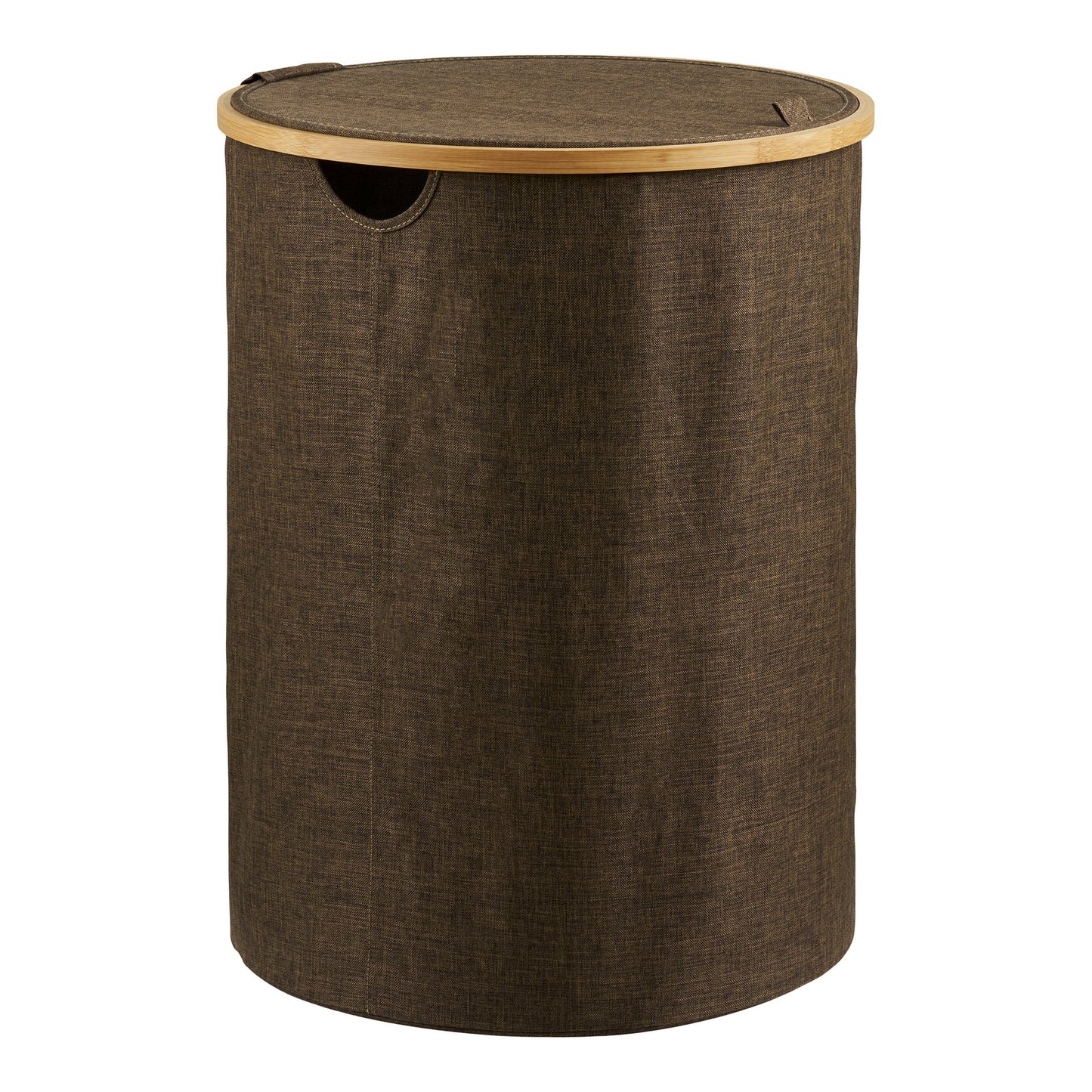 Noto Round Laundry Basket in Textile and Bamboo with Lid, Brown — Ø 45 × 60 cm
