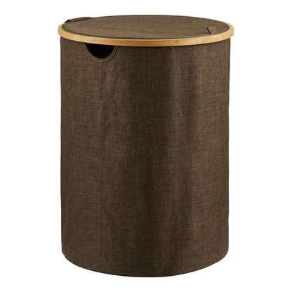 Noto Round Laundry Basket in Textile and Bamboo with Lid, Brown — Ø 45 × 60 cm