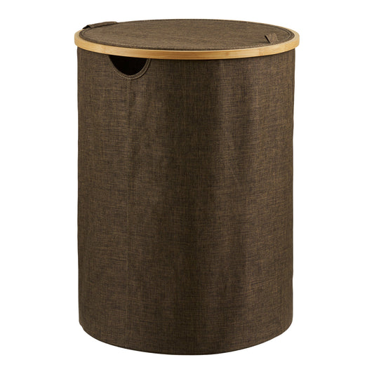 Cesto da Roupa Noto Redondo em Têxtil e Bambu com Tampa, Castanho — Ø 45 × 60 cm