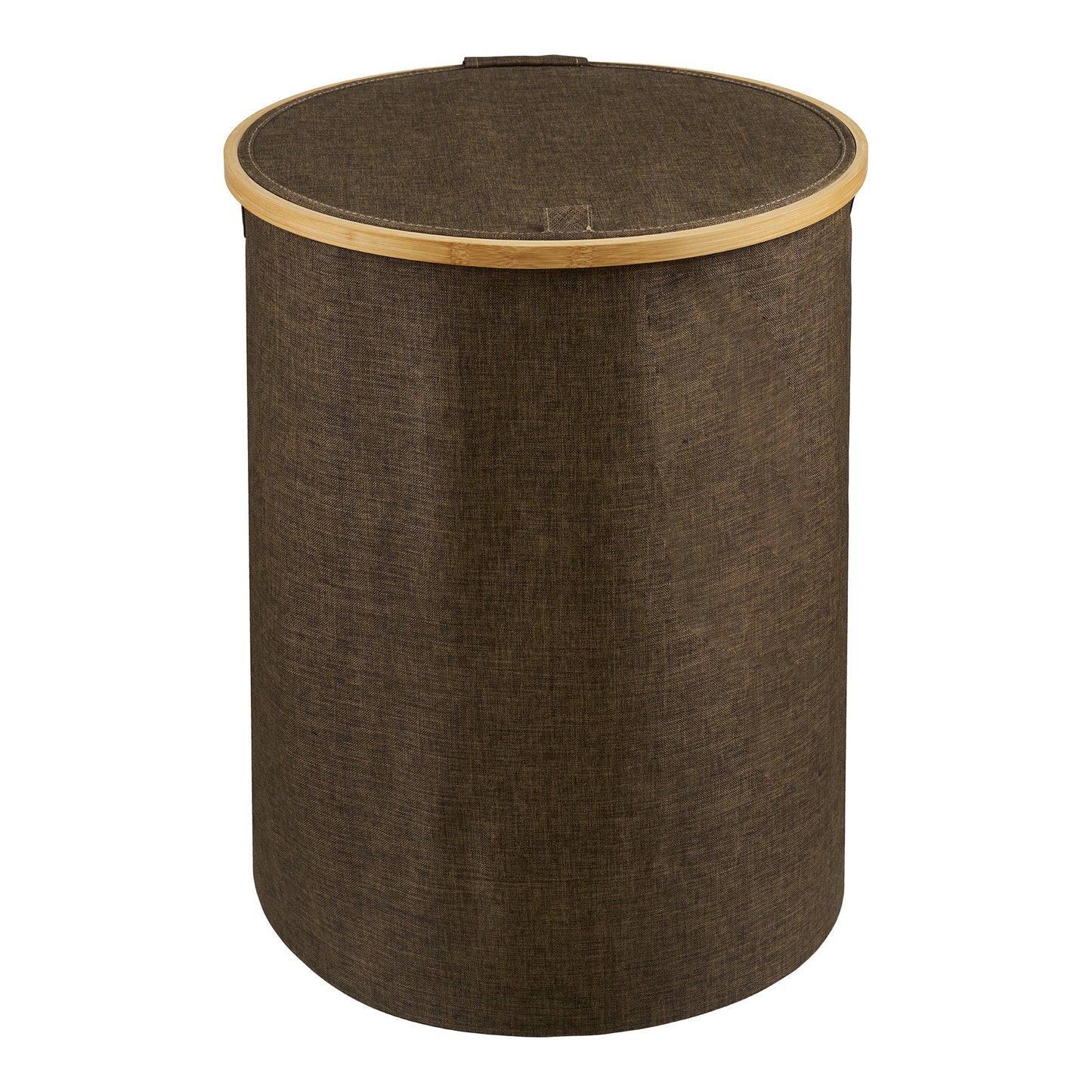 Noto Round Laundry Basket in Textile and Bamboo with Lid, Brown — Ø 45 × 60 cm
