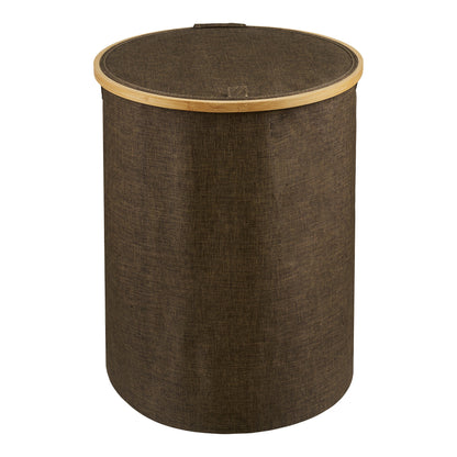 Noto Round Laundry Basket in Textile and Bamboo with Lid, Brown — Ø 45 × 60 cm