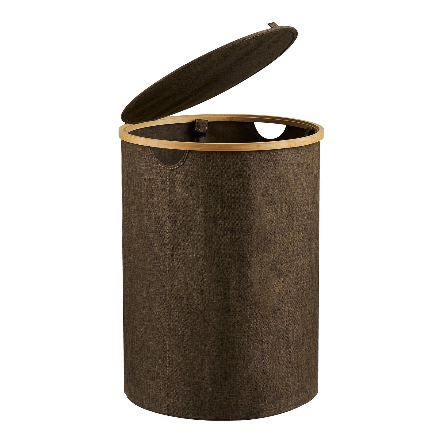 Noto Round Laundry Basket in Textile and Bamboo with Lid, Brown — Ø 45 × 60 cm