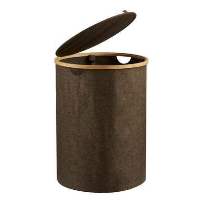 Noto Round Laundry Basket in Textile and Bamboo with Lid, Brown — Ø 45 × 60 cm