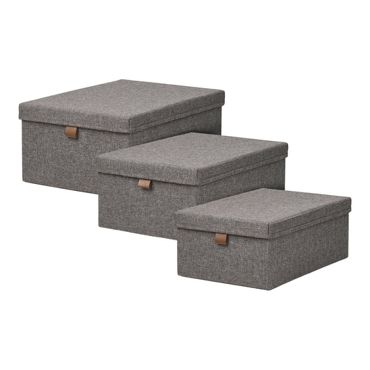 Set of 3 Noto Storage Boxes with Lid, Dark Grey Textile