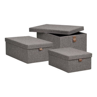 Set of 3 Noto Storage Boxes with Lid, Dark Grey Textile