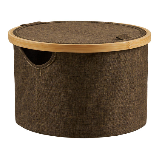 Cesto Noto Redondo em Têxtil e Bambu com Tampa, Castanho — Ø 30 × 20 cm