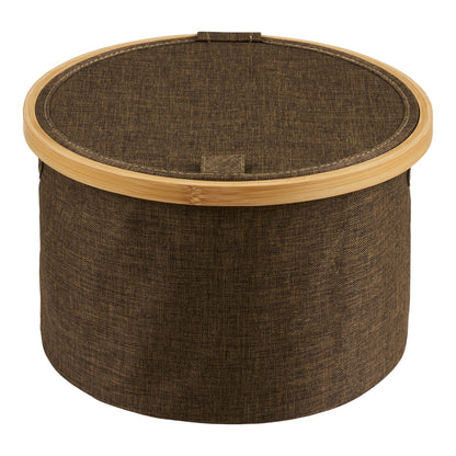 Noto Round Textile and Bamboo Basket with Lid, Brown — Ø 30 × 20 cm
