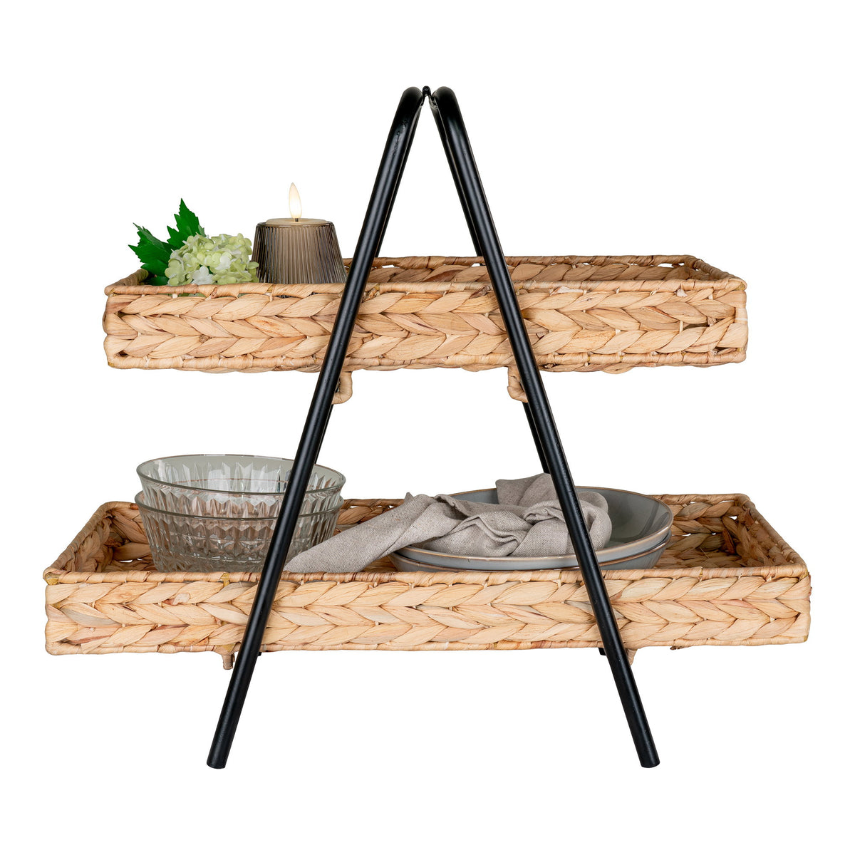Tabuleiro Alfaro de 2 Andares em Jacinto-de-Água e Metal, Natural e Preto — 42 × 23 × 43,5 cm