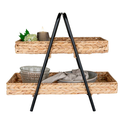 Tabuleiro Alfaro de 2 Andares em Jacinto-de-Água e Metal, Natural e Preto — 42 × 23 × 43,5 cm