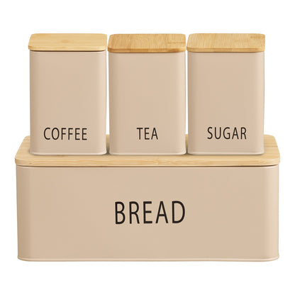 Tula Bread Box with 3 Metal and Bamboo Containers, Beige