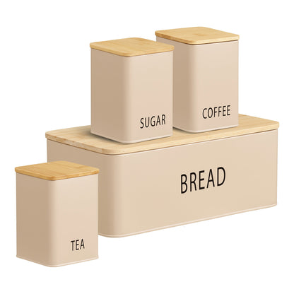 Tula Bread Box with 3 Metal and Bamboo Containers, Beige