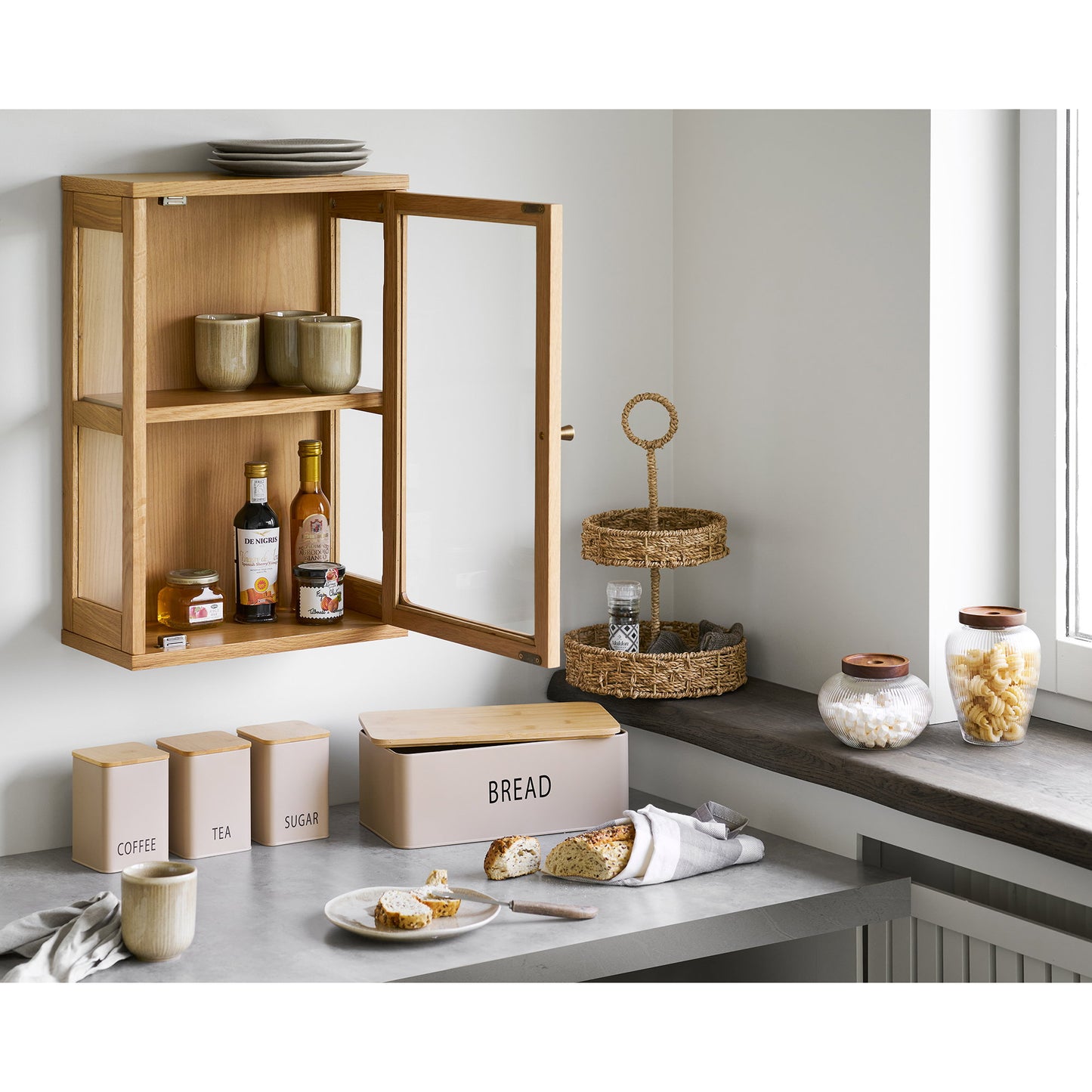 Tula Bread Box with 3 Metal and Bamboo Containers, Beige