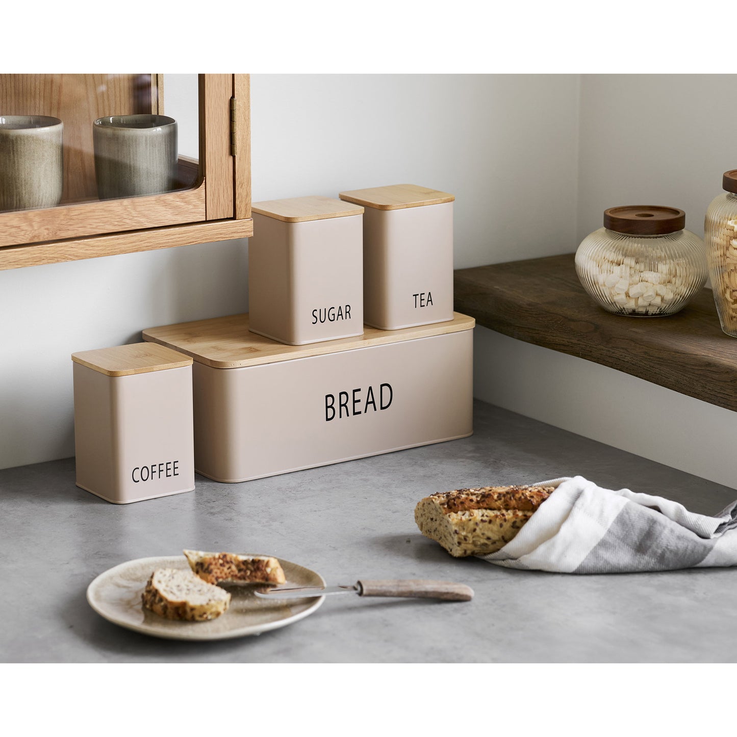 Tula Bread Box with 3 Metal and Bamboo Containers, Beige