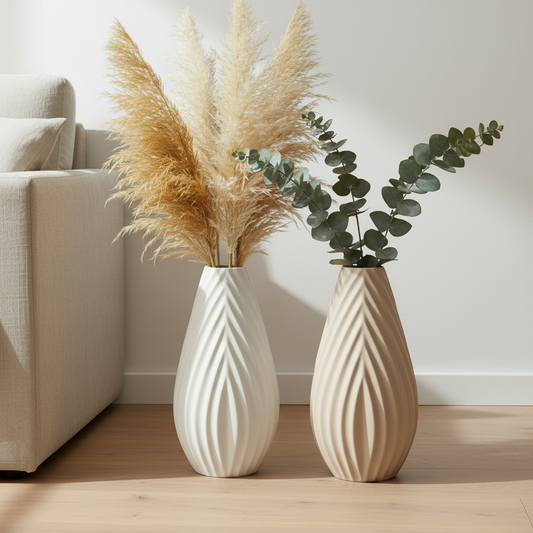 Conjunto de 2 Vasos Decorativos em Grés — Branco e Bege (41cm)