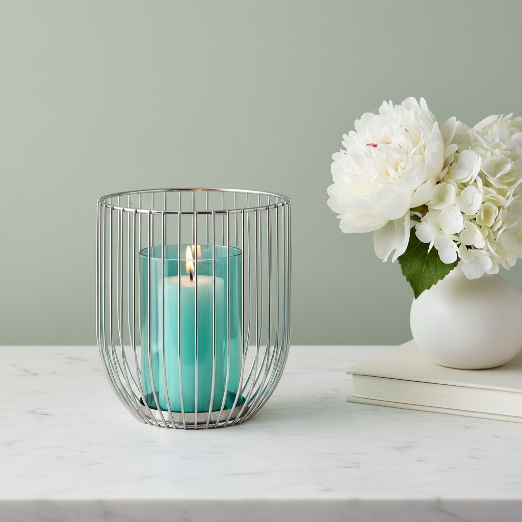 Castiçal Decorativo Tipo Gaiola — Prata e Vidro Azul