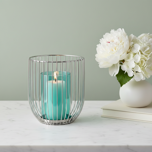 Castiçal Decorativo Tipo Gaiola — Prata e Vidro Azul