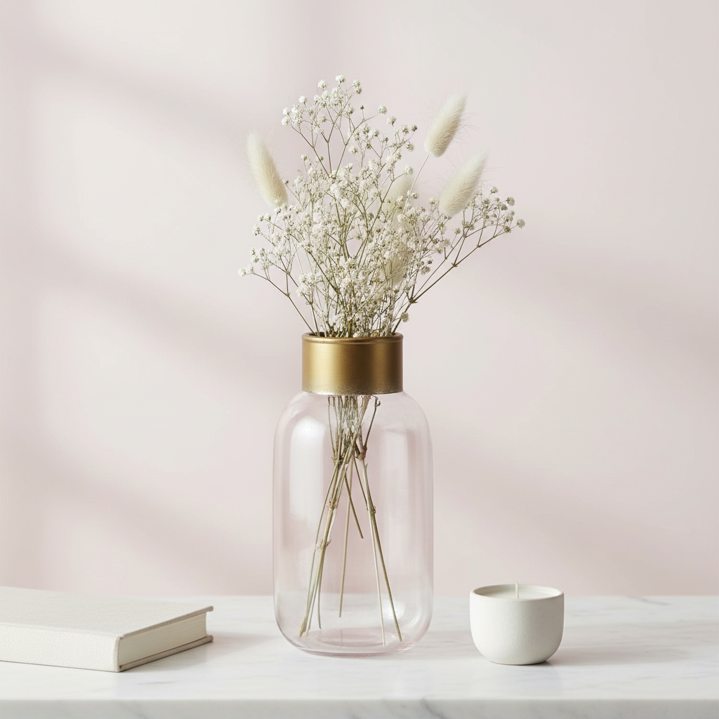 Vaso em Vidro Rosa-Pálido com Detalhe Dourado