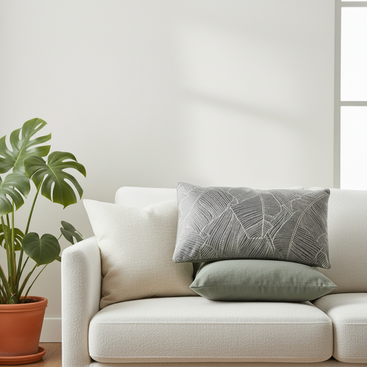 Tropical Decorative Cushion — Grey with Silver Embroidery