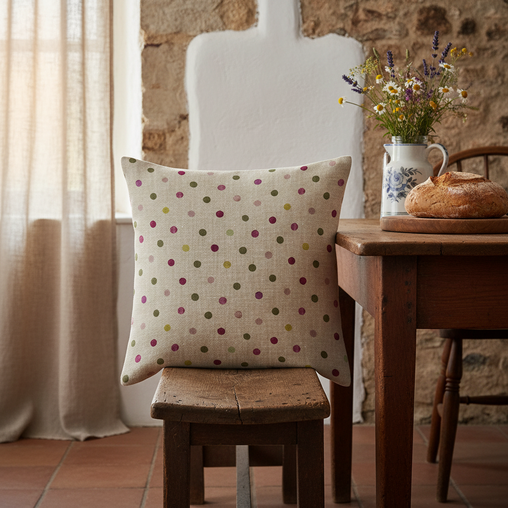 Capa de Almofada Rural-Chic — Bege com Bolinhas Coloridas Antimanchas