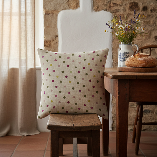 Capa de Almofada Rural-Chic — Bege com Bolinhas Coloridas Antimanchas