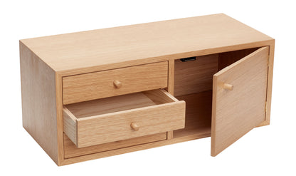 Piccolo Wall Shelf with Drawers and Door in Oak, Natural — 50 × 22 × 20 cm