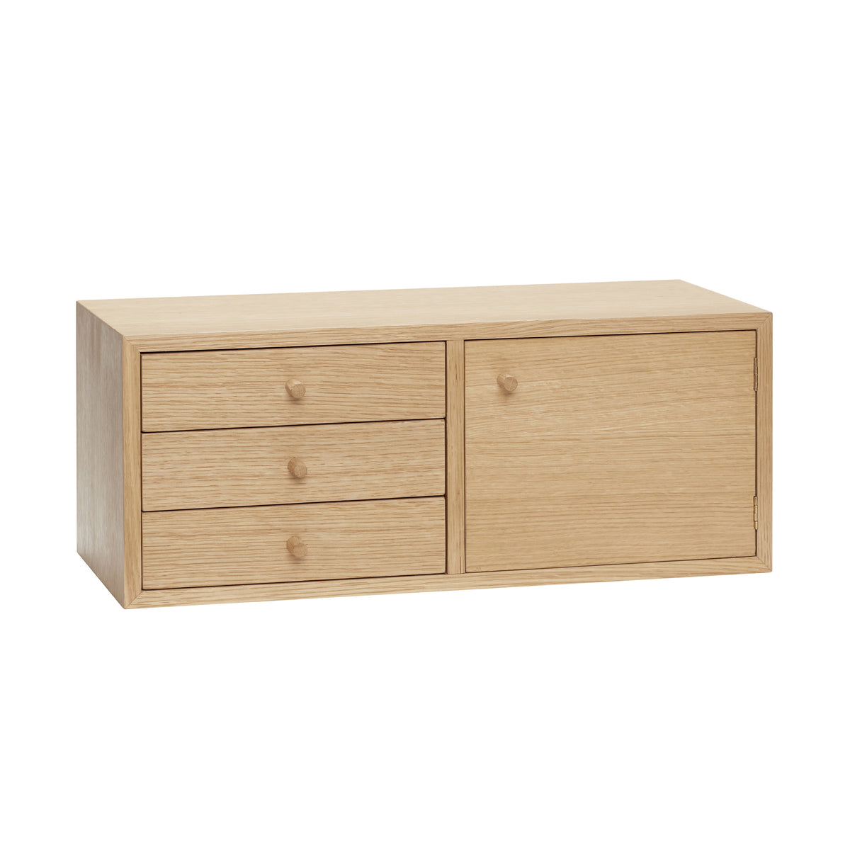 Piccolo Wall Shelf with Drawers and Door in Oak, Natural — 50 × 22 × 20 cm