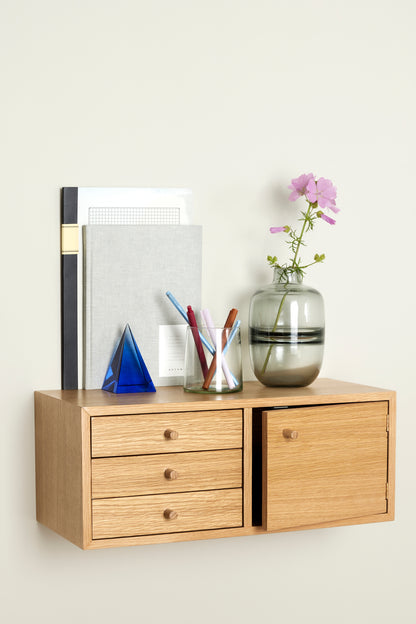 Piccolo Wall Shelf with Drawers and Door in Oak, Natural — 50 × 22 × 20 cm