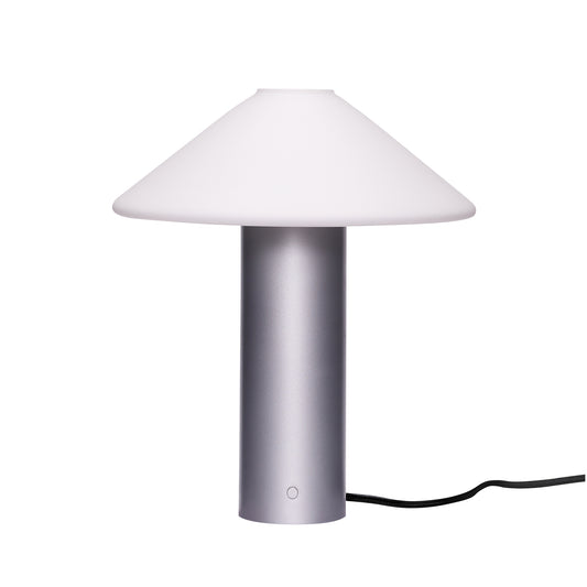 Candeeiro de Mesa Orbit em Vidro Opalino e Ferro, Prateado Metálico — Ø 35 × 40 cm