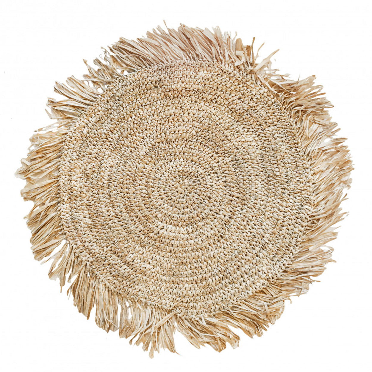 Pack de 4 Individuais Redondos em Ráfia com Franjas, Natural — Ø 45 cm