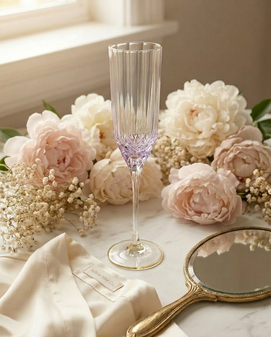 Pack de 6 Flutes de Champanhe Pink Blush em Vidro Reciclado, Lilás e Dourado — 26,5 cm
