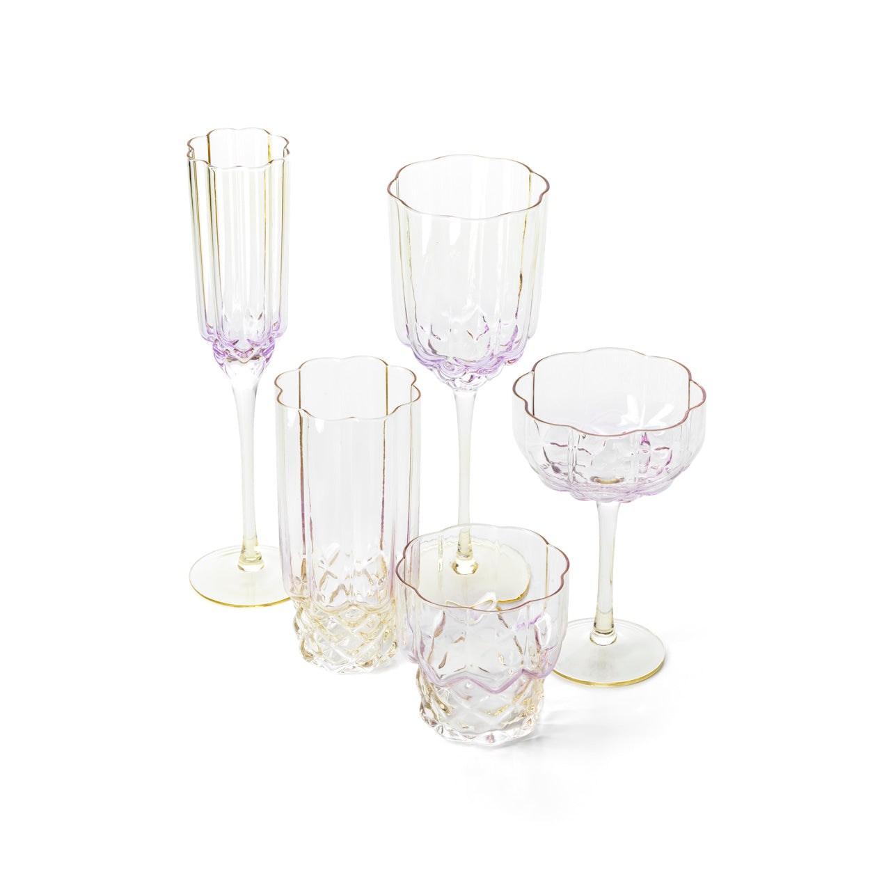 Pack de 6 Flutes de Champanhe Pink Blush em Vidro Reciclado, Lilás e Dourado — 26,5 cm