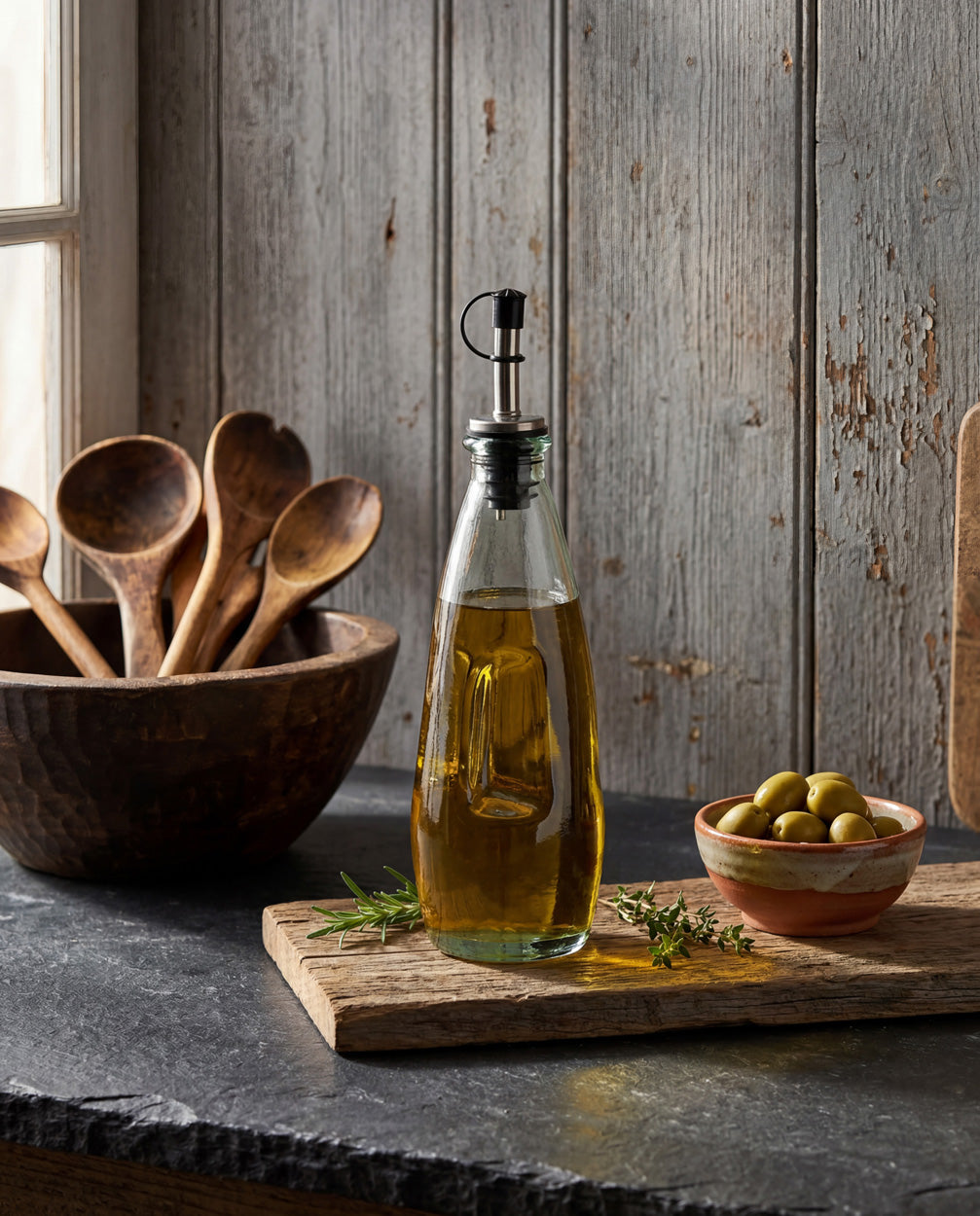 Light-Blue Glass Olive Oil Bottle No. 03 — 23 cm