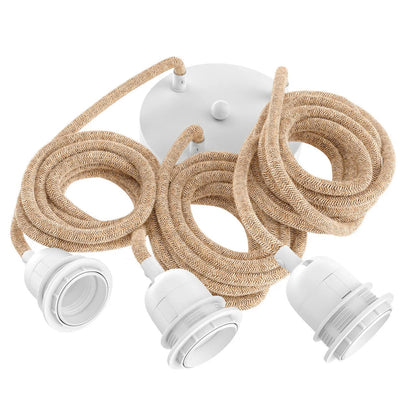 Conjunto de Cabo para Candeeiro Pendente — Natural e Branco, 3 Casquilhos