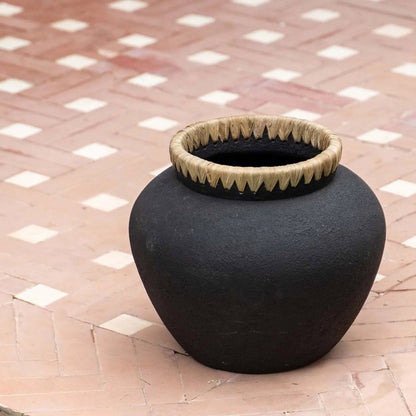 Styly Tall Terracotta Pot — Black and Raffia — L