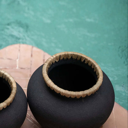 Styly Tall Terracotta Pot — Black and Raffia — L