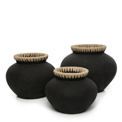 Styly Tall Terracotta Pot — Black and Raffia — L