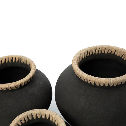 Styly Tall Terracotta Pot — Black and Raffia — L