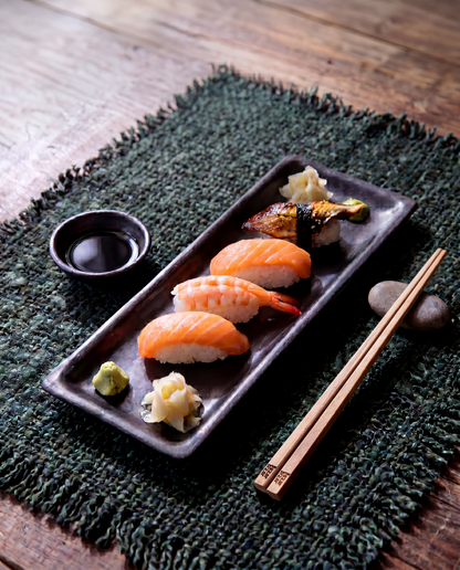 Black Ceramic Burnt Sushi Plate — 36 × 17 cm