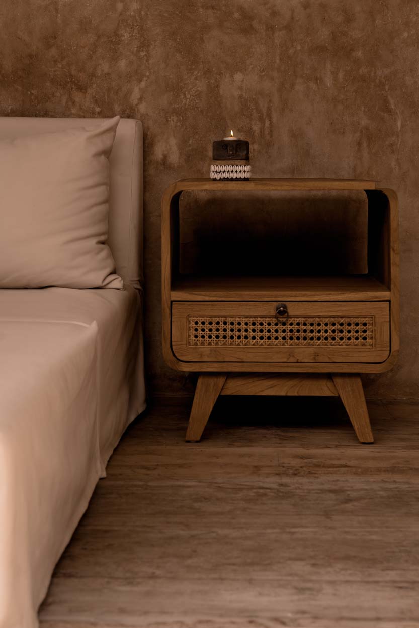 Breeze Teak and Natural Rattan Bedside Table