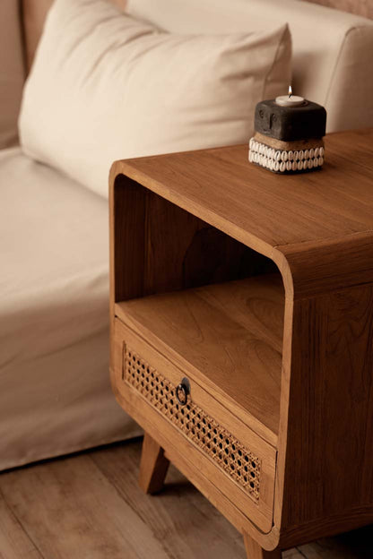 Breeze Teak and Natural Rattan Bedside Table