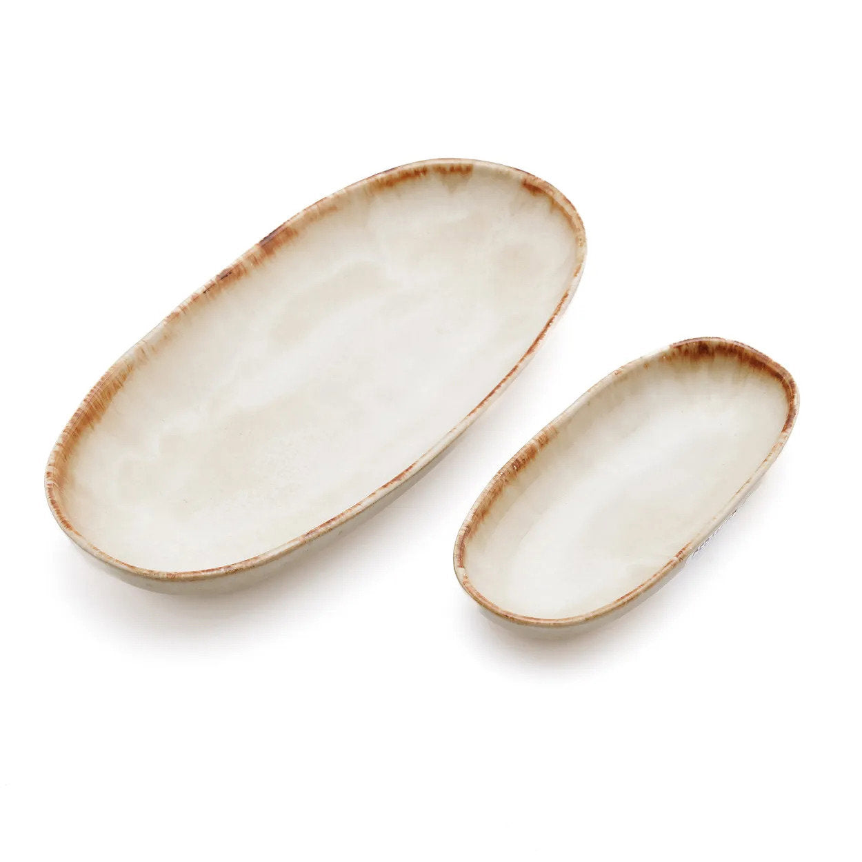 Prato Oval Cascais em Grés com Aro Caramelo — 24 × 13 cm