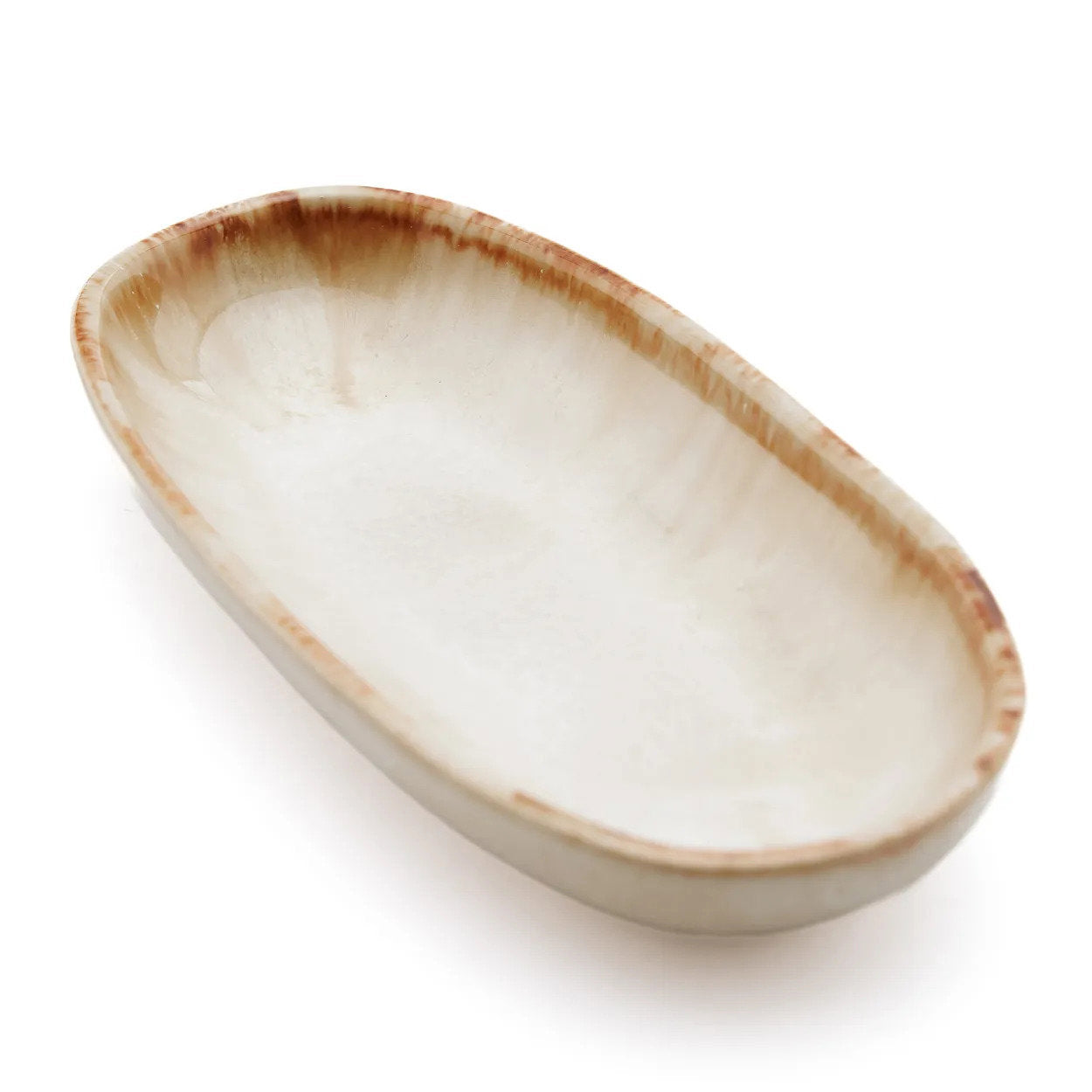 Cascais Small Oval Stoneware Dish with Caramel Rim — 16 × 7 cm