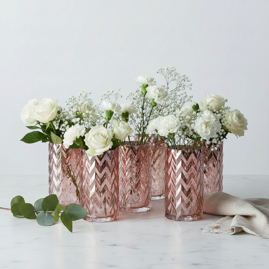 Conjunto de 6 Vasos de Vidro Cristal — Rosa-Quartzo com Relevo Espiga de Trigo (19,5cm)
