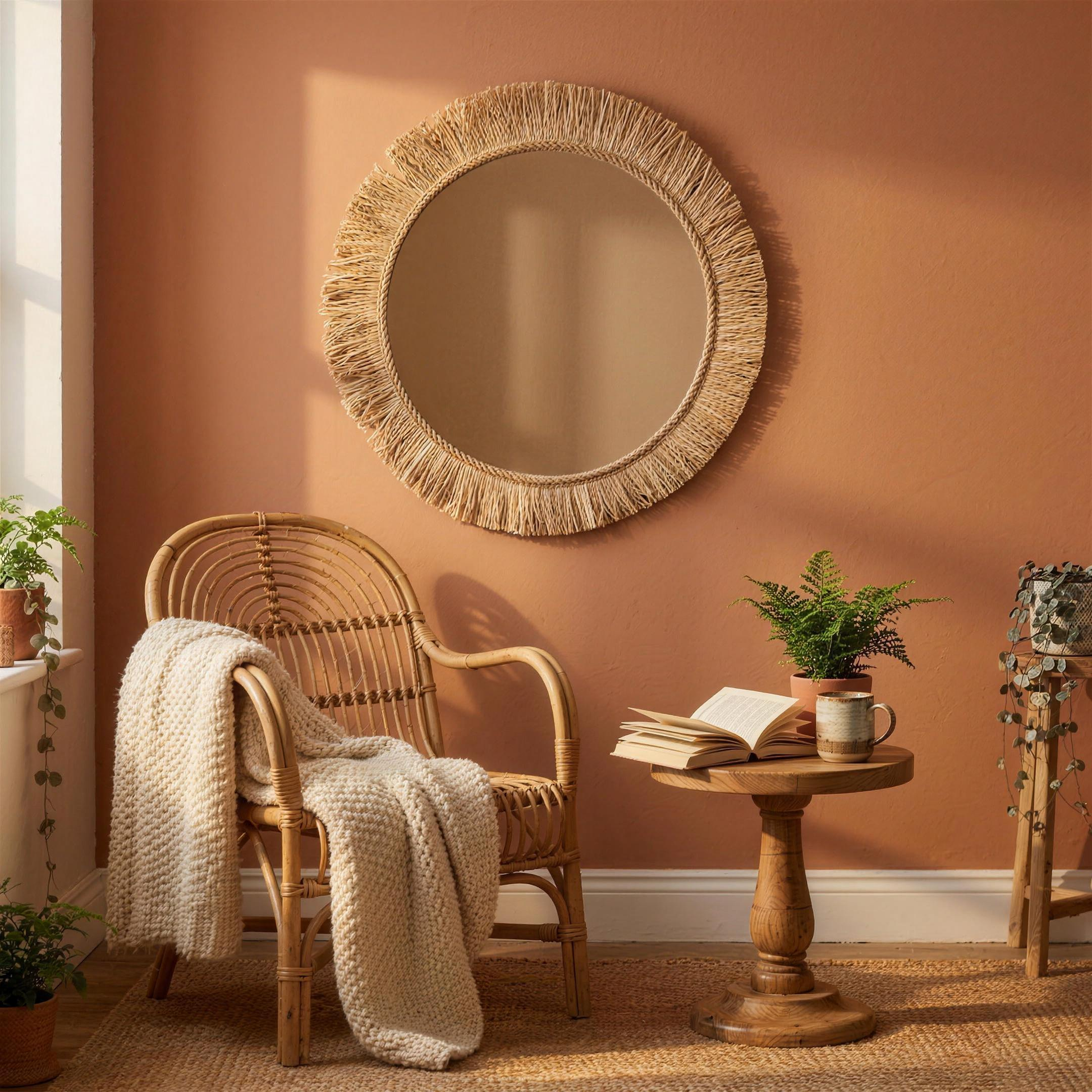 Espelho Tahiti em rafia natural num canto de leitura com parede terracota e cadeira de rattan - NIXOFY