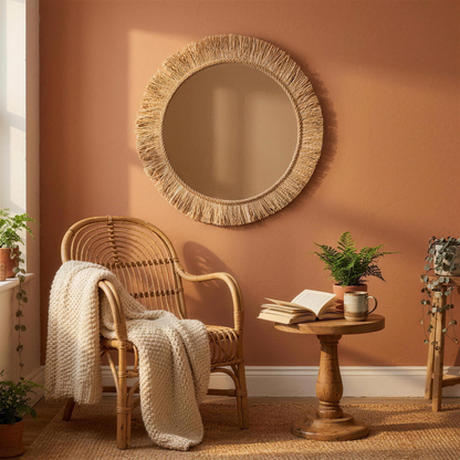 Espelho Tahiti em rafia natural num canto de leitura com parede terracota e cadeira de rattan - NIXOFY